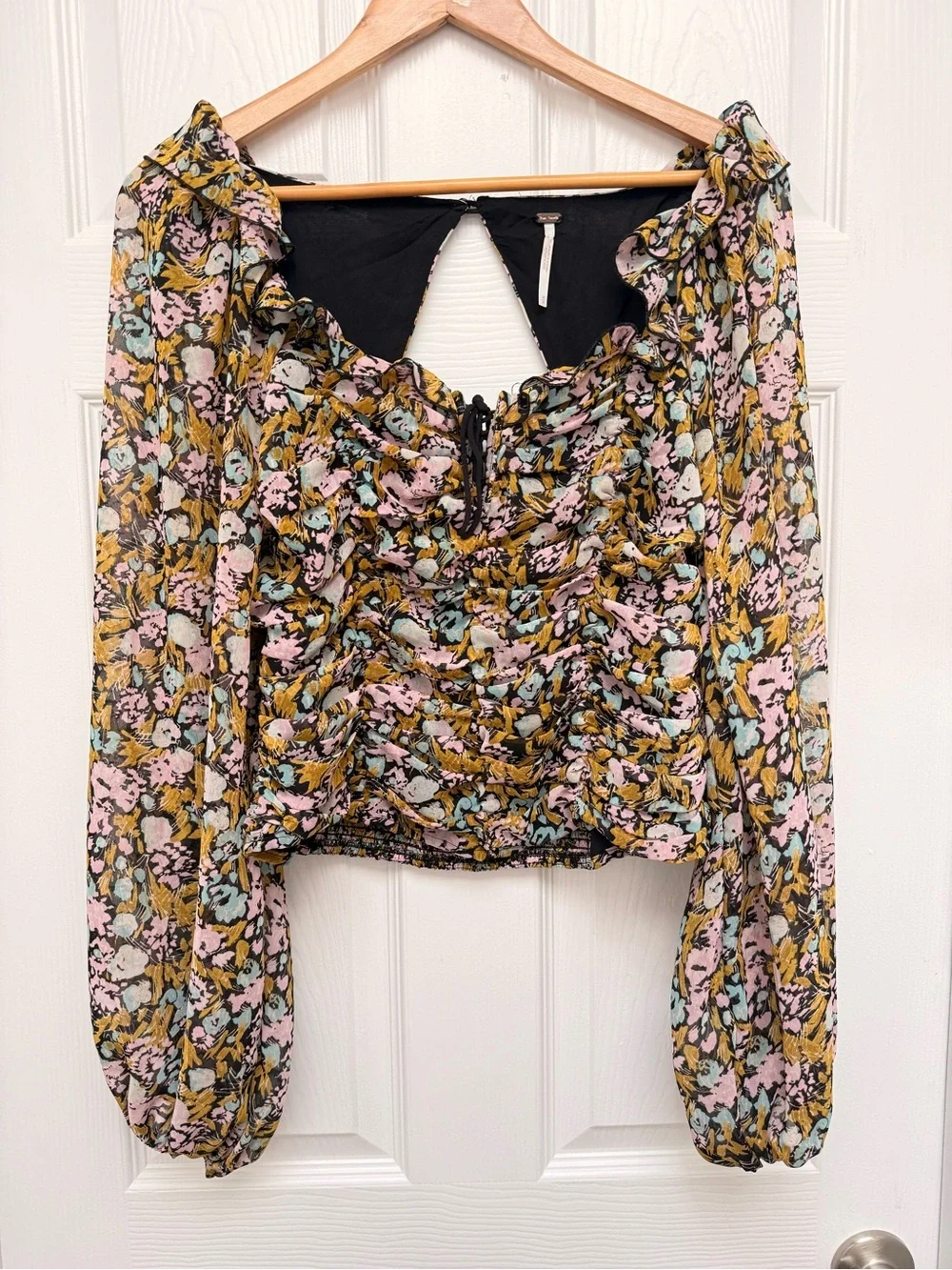Free People Mabel Printed Blouse Black‎ Multi Floral Ruched Puff Sleeve Medium